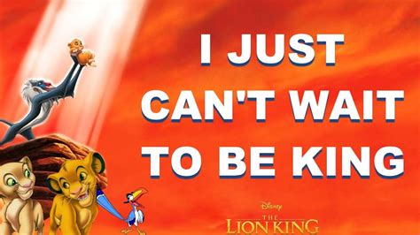 Dec 28, 2014 · Do you love the catchy song "I Just Can't Wait to Be King" from The Lion King? Do you want to sing along with Simba and Zazu? Then check out this karaoke version on YouTube, where you can enjoy ... 